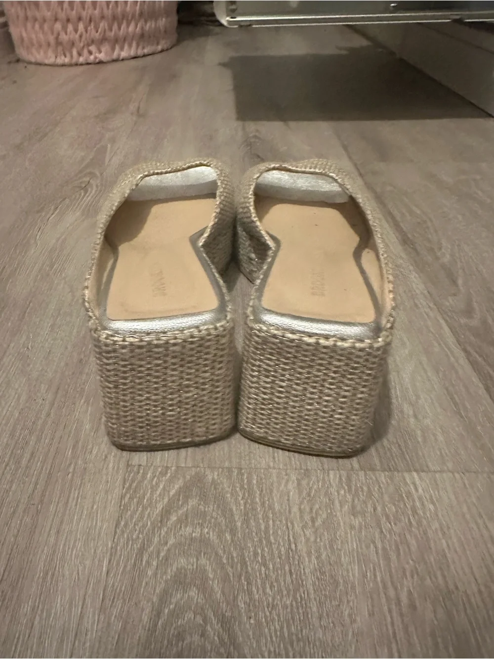 Beige Woven Platform Slide Sandals with Silver Toe - Unbranded